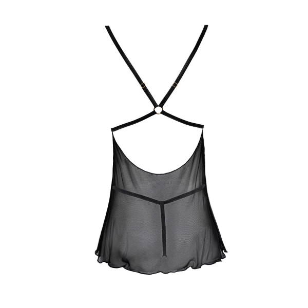 Nuisette noire en dentelle et résille transparente avec string 